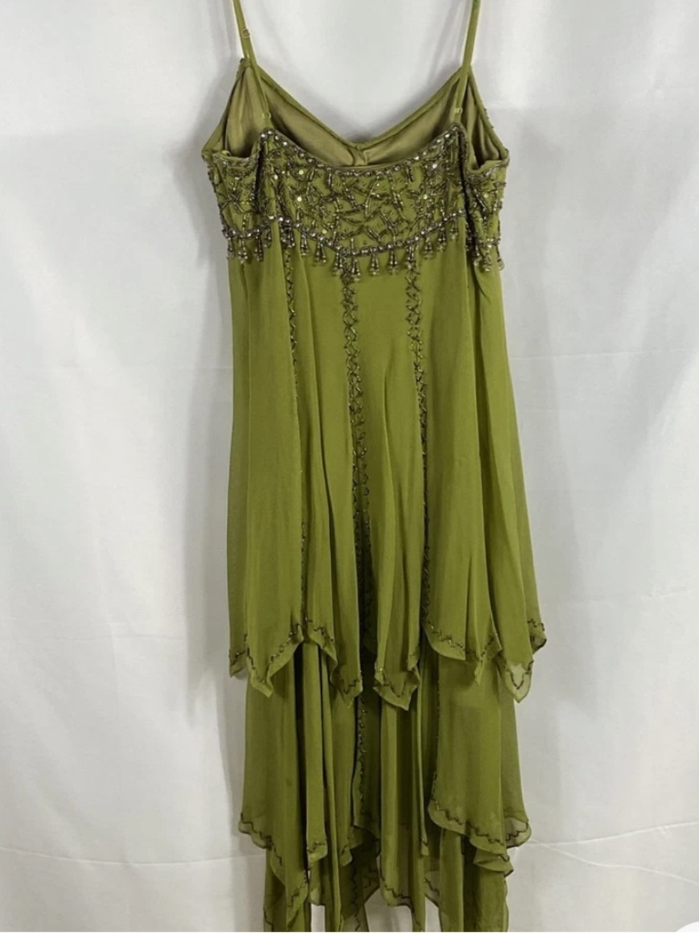 Sue Wong Olive Green Beaded Handkerchief-Hem Fairycore Slip Dress - Picture 2 of 8